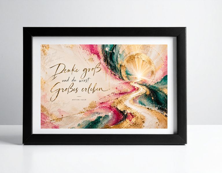 Ein schwarz gerahmtes Bild mit dem Schriftzug 'Denke groß und du wirst Großes erleben' von Anton Saur, umgeben von einem abstrakten, farbenfrohen Hintergrund mit goldenen Akzenten und einem strahlenden Licht am Ende eines geschwungenen Weges.